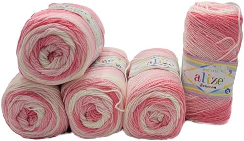 5 x 100g Babywolle Ilkadim Export Sekerim Bebe Batik Mehrfarbig, 500 Gramm Wolle Acryl Strickgarn (rosa weiss 2126)