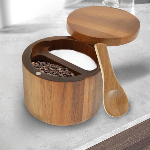 Acacia Wood Salt Bowl Box with Built-in Spoon and Magnetic Swivel Lid Kitchen Salt Container Holder Round Salt Cellar Bowl for Storing Pepper Sugar Spice Bath Salt Sea Salt(Double Grid)