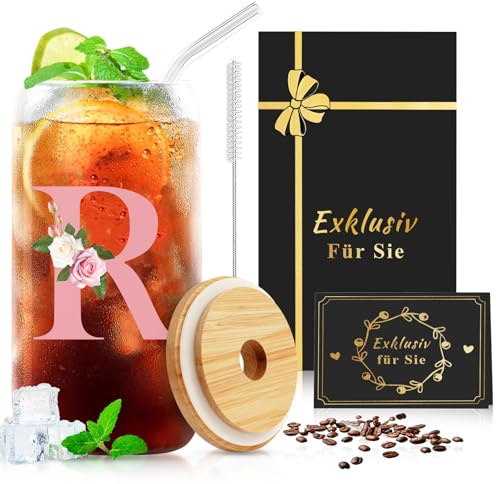 CIGAA Regalo para mujeres - Taza con tapa y pajita, letras A-Z, vaso de cristal personalizado para cumpleaños, Navidad, vaso de cristal con cepillo de limpieza para café, cerveza, cócteles (500 ml)
