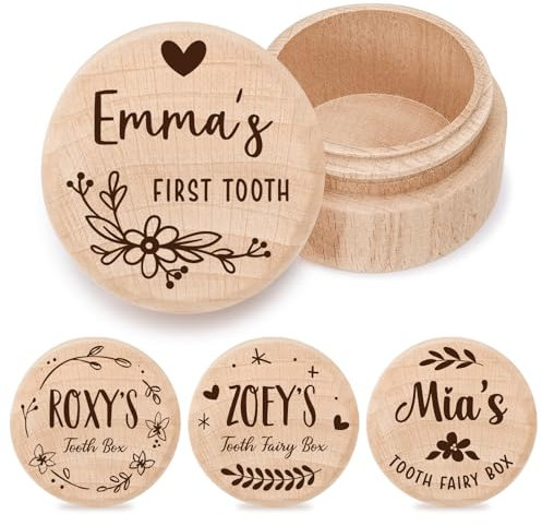 Zahnfeen-Box aus Holz mit individuellem Namen und Datum, personalisierbar – Baby erster Zahnhalter, Andenken für unter Kissen, Erinnerungsbox, Geschenk für Taufe, Geburtstag, Babyparty (Girlande)