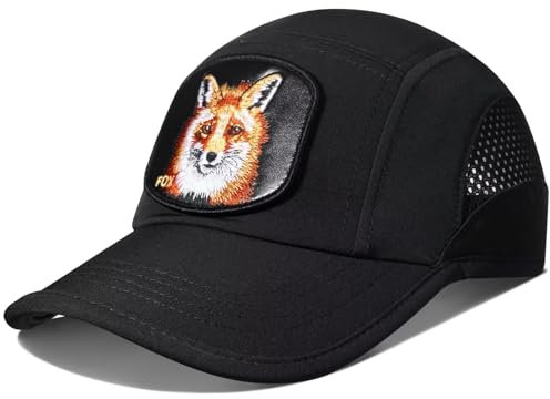 GADIEMKENSD Schlichte Baseballmütze mit besticktem Tiermotiv, Sonnenschutz-Laufmütze, Trainingsmütze mit atmungsaktivem Netzgewebe, Sportzubehör, Kappe für Männer und Frauen, Schwarz- Fuchs