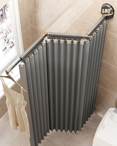 Barra Cortina Ducha Plegable con Ventosa, Barra de Cortina de Ducha Ajustable Antióxido, Aleación de Aluminio Barra Cortina Ducha, Sin Taladro Impermeable para Baño(5-fold 140-180cm)