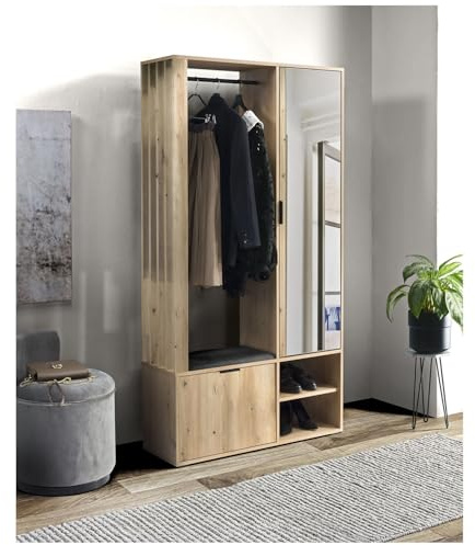 MEBLINI Garderobenschrank Flur mit Spiegel - Garderobe Schrank - Flurgarderobe schmal - Garderobe Flur Möbel Set - Flurschrank hoch - Milano - 100x33x190cm R/L - Artisan Eiche mit Sitzbank