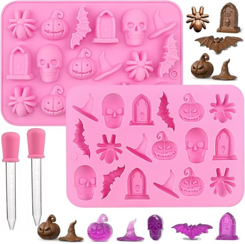 2 Stück Halloween Silikonform, Halloween Schokoladenform Totenkopf Silikonform Pralinen mit 2 Pipette, 3D Halloween Silikonform Pralinen Totenkopf Silikonform für Schokolade Süßigkeiten Gelee