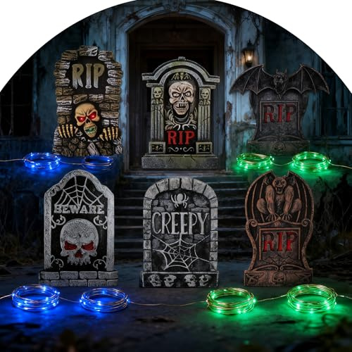 JOYTIX®Halloween Grabsteine Deko mit LED Licht - 6er Set Graue Plastik Grabsteine mit 12 Heringen für Garten, Friedhof - Grusel Dekoration mit Blauen Grünen Lichtstreifen (3 Modi)