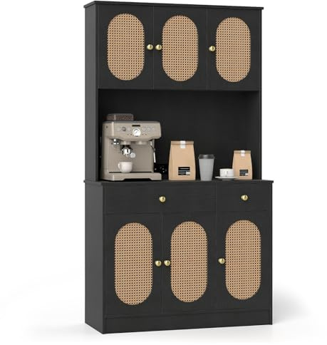 COSTWAY Armoire de Rangement, Buffet avec Vitrine, Station de Recharge, 6 Portes en Rotin, 2 Tiroirs, 4 Étagères Réglables, Buffet Bohème Indépendant pour Salon, Salle à Manger (Noir)