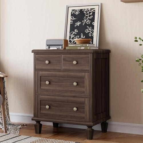 Garvee 4-Schubladen-Kommode fürs Schlafzimmer, Vintage-Kommode mit geschnitzten Griffen und spitzem Bein-Design, Holzkommoden mit großem Stauraum, Dunkelbraun