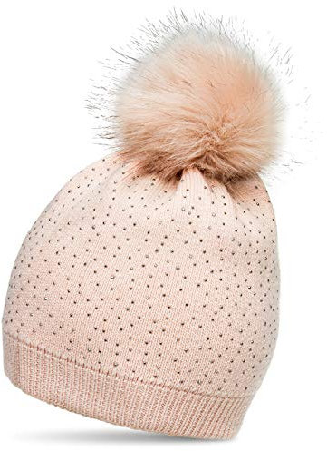Caspar MU191 Damen Fein Strick Winter Mütze mit Fellbommel und dezentem Glitzer Strass, Größe:One Size, Farbe:rosa