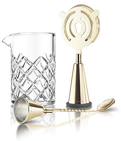 Final Touch Brass Cocktail Mixing Set Multi-Function Essential Tools for Making, Pouring, Stirring and Straining Includes Glass Yarai Mixing Pitcher, Jigger Strainer, Jigger Spoon - Premium Gift Set