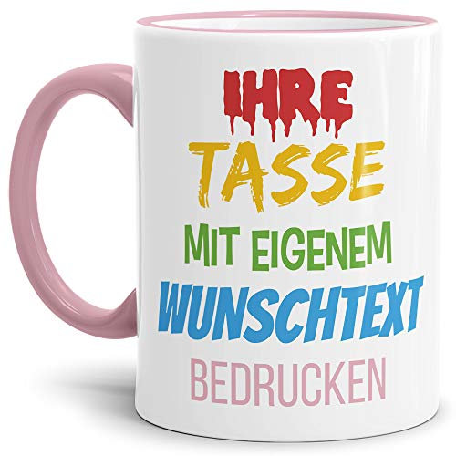 Tasse selbst gestalten/mit eigenem Text beschriften/Wunsch-Name/Spruch-Tasse/Rand & Henkel Rosa/Motiv für Linkshänder sichtbar