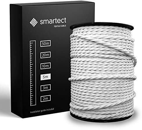 smartect Cable Textil Trenzado en Color Blanco, Cable Electrico 3 Hilos de 5 Metros (3 x 0,75 mm²) Cuerda para Lampara con Revestimiento Textil para su Proyecto DIY