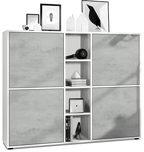 Vladon Highboard Cuba V3, Made in Germany, Weiß matt/Beton Oxid Optik - Moderne Anrichte mit 12 Fächern (130,5 x 105,5 x 35,5 cm)