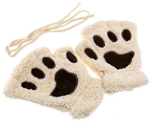 1 Paar Beige Winter Warme Katzen Klaue Pfote Weiche Plüsch Halbfinger Fingerlose Handschuhe