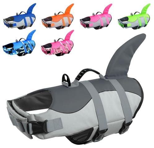 CITÉTOILE Schwimmweste Hunde Hai, Leicht und Sicher für Wassersport, hundeschwimmweste mit Griff und Reflektierend für Kleine Mittlere und Große Hunde, Grau, XXL