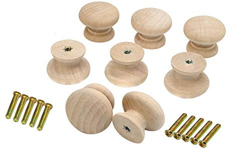 Metany 8 x runde Holzknäufe für Küchenschränke, 35 mm Durchmesser, pilzförmig, Holz, unlackiert, für Schubladen, Kommoden, Schränke, Möbelknäufe