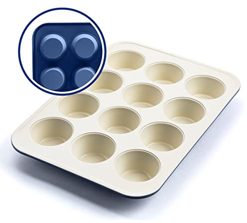 GreenLife Bandeja de cerámica antiadherente para 12 tazas de muffins, sin PFAS, apta para lavavajillas, apta para horno, azul real
