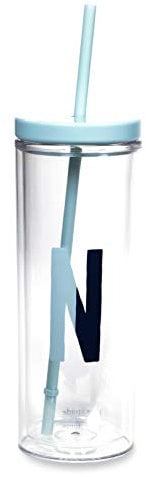 Kate Spade New York Insulated Initial Tumbler with Reusable Straw, 20 Ounce Acrylic Travel Cup with Lid, N (Blue)
