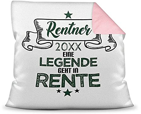 Print Royal Kissen mit Füllung - Eine Legende geht in Rente - mit Jahreszahl Personalisieren - Geschenk für Männer, Abschiedsgeschenk, Rente, Pension - Farbkissen Rückseite Rosa, 40x40 cm