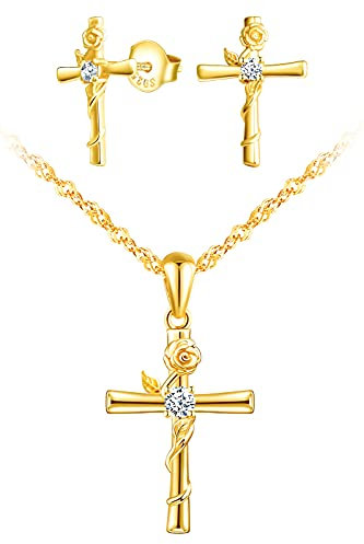INFINIONLY Collier Boucles d'oreilles femme, ensembles de bijoux en argent 925, pendentif et clou d'oreille croix, collier boucle d'oreille fleur de rose enlacée avec la croix, zircon incrusté, or