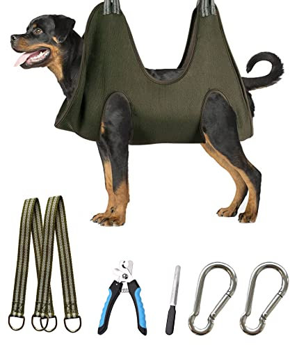 Kkiimatt 10 in 1 Dog Grooming Hammock Harness with Nail Clippers/Trimmer, Nail Hammock for Trimming, Grooming Sling Hange Holder for Extra Large Dogs (XXL/Under 120lb, Khaki Green)