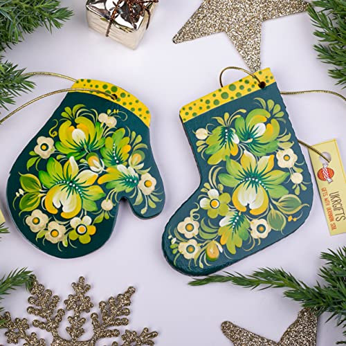 Exklusiver Christbaumschmuck aus Holz - Stiefel und Fäustling, Kunsthandwerk 2 St. 8.5 х 9.5 х 0.5 cm, Vintager Weihnachtsschmuck Handbemalt nach Ukrainischer Tradition - Weihnachtsgeschenk