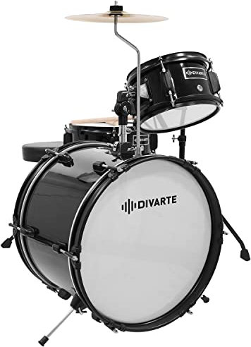 Divarte, Junior DrumSet Black,Kit de Batterie Ajustable noir pour enfant, dès 6 ans, Ensemble de batterie Acoustiques pour débutants avec siège réglable, pied de charleston et baguettes inclus.