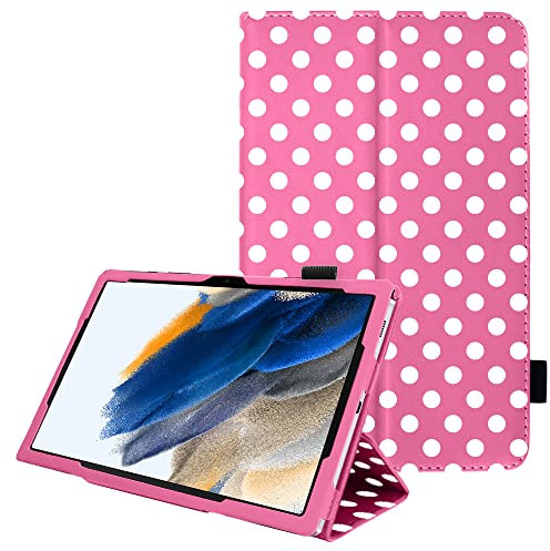 TECHGEAR Leather Case for Samsung Galaxy Tab A8 10.5 (SM-X200 / SM-X205) Premium PU Leather Slim Folio Stand Smart Case Cover with Hand Strap, Auto Sleep/Wake [Polka/Pink]