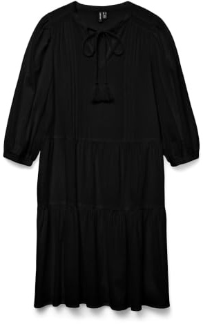 VERO MODA Robe Courte en crépon avec Cordon de Serrage - Robe midi à Manches 3/4 - Robe d'été Tuniques.
