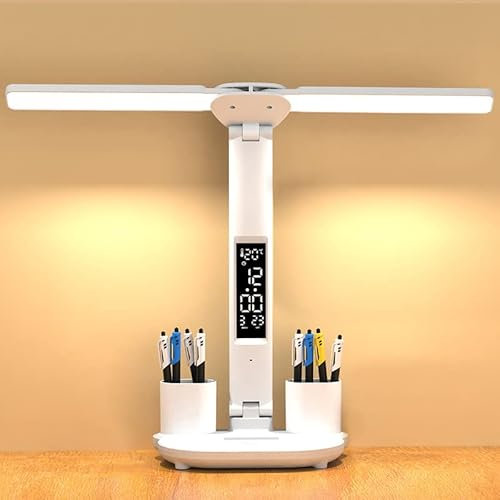 7W LED Schreibtischlampe Kinder, Dimmbare Akku Tischlampe Kabellos mit 2 Stifthalter/Lcd Display/Kalender/Uhr/Temperatur, 3 Lichtfarben, 3200mAh Batteriebetrieben, für Mädchen, Jungen, Studium