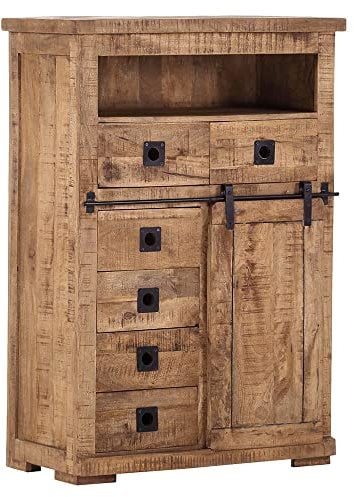 Lomadox Wohn-/Esszimmer Highboard in Mangoholz Natur massiv, B/H/T ca. 90/130/47 cm