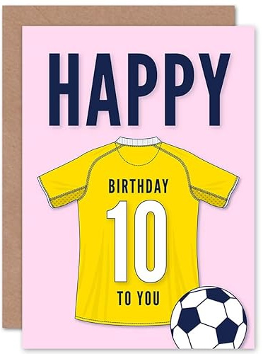 Artery8 Soccer Football 10th Birthday Card for Boys Girls Yellow Jersey Football Top on Pink Background