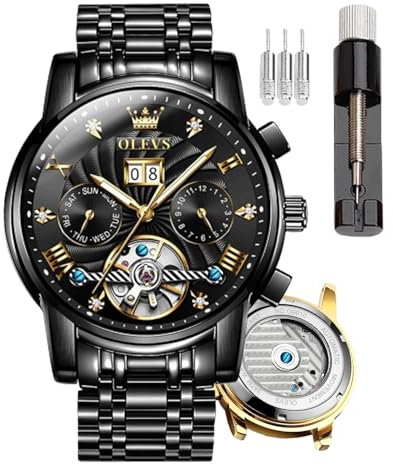OLEVS Herren-Armbanduhr, automatisch, selbstaufziehend, Skelett-Uhren für Herren, Tourbillon, keine Batterie, luxuriöse Edelstahl-Uhr mit Datum, mechanische Herrenuhren, wasserdicht, modisch für