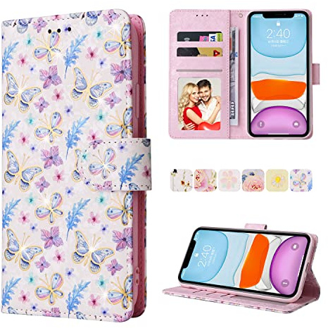 UEEBAI Wallet Case for iPhone 11 Pro 5.8 inch, PU Leather Phone Case Kickstand RFID Blocking Flip Case with Card Slots Wrist Strap Relief Engraved Pattern Magnetic Closure Folio Case - Butterfly