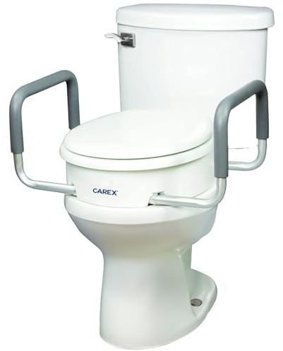 Compass Raised Toilet Seat with Arms, Elongated Toilets, 3.5 Inch High, Elevated Toilet Riser with Removable Padded Handles, Easy On and Off, Support 250 lbs, White