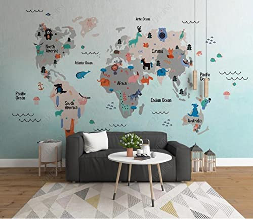 Fototapete 3D Tapete Cartoon Tiere Weltkarte Kinderzimmer Fototapete 3D Effekt Wandtapete Vliestapete Wandbilder XXL Wanddeko Tapeten
