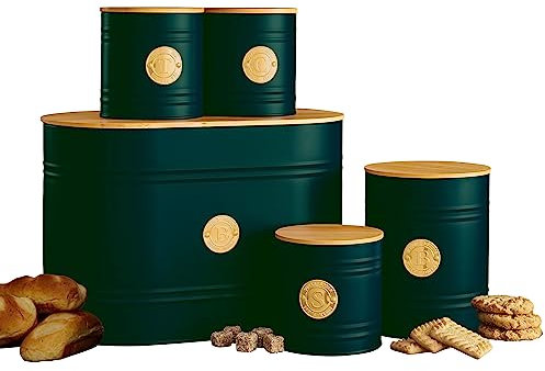 Neo Home Scandi Bamboo Wood Lid and Matt Finish Badge 5 Kitchen Countertop Canisters Jars Tins Set Tea Coffee Sugar Biscuit Bread Bin Box Food Storage Organiser (Emerald Green)
