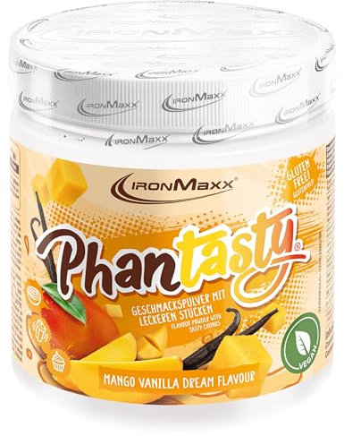 IronMaxx Phantasty - Mango Vanilla Dream 250g Dose | Veganes Aroma Pulver mit echten Frucht- & Nussstückchen | Zuckerersatz für Backen & Getränke