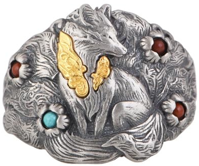 Zweifarbig 925 Sterling Silber Fuchs Ring mit Stein für Herren Damen Offen Verstellbar