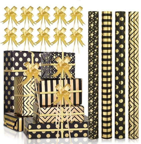 AhfuLife 4 Rouleaux Papier Cadeau Noir et Or, 43cm×3M Papier Cadeau pour Emballage Cadeaux de Mariage, Anniversaire, Saint Valentin, Papier Cadeaux Noël Recyclable avec Ruban Points d'or Rayure Étoile