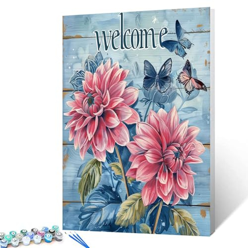 Paint by Number for Adults, Pink Dahlia With Welcome Sign Painting by Number Kits On Canvas, Abstract Wooden Backgrounds Paint by Numbers,DIY Frame Paint by Numbers for Kids Beginner 16X20 Inch