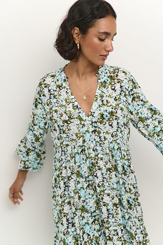 KAFFE Kleid KAhera Damen Kleid 3/4 Arm Knielang Print Elegant Freizeitkleid 34, Blue/Green Abstract Flower 34