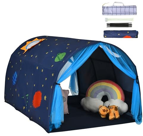 HOMASIS Kinderzelt Indoor, Kinderspielhaus mit Sternenhimmel & Netzvorhang & Tragetasche, Kinder Spielhaus für Jungen & Mädchen, Prinzessin Prinzess Spielzelt, 144x102x82cm (Blau)