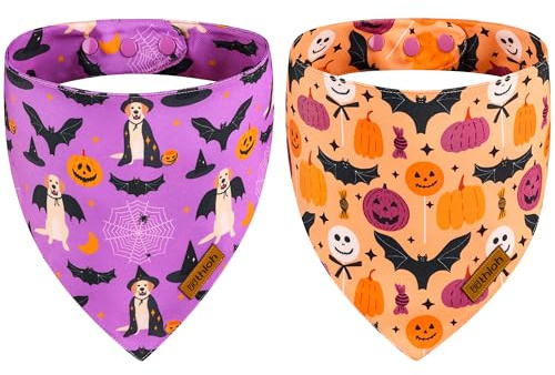THLOH Halloween-Hundehalstücher – 2 Stück, violett, Hundehalstücher mit Druckknopf, wendbarer Haustierschal für Jungen und Mädchen, Premium-strapazierfähiger Stoff, Urlaubstuch, Bandana für
