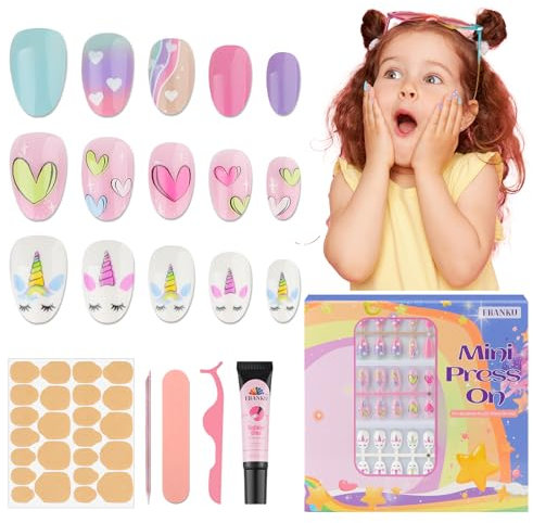 78 Stück Weiter drücken Nails für Kinder, EBANKU 3 Pack KinderFalsche Nägel Kit Alte bunte Herz Weiter drücken Nails für Mädchen 8-12 Jahre mit Gelee Nagel Klebstoffe & Nagelbaumkleber