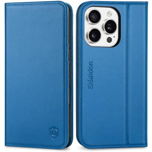 SHIELDON Echt Leder Hülle für iPhone 16 Pro Handyhülle [Wallet Case] [Kartenschlitz] [Ständer] [RFID-Blocker] Schutzhülle Magnet Klappbar Flipcase Kompatibel mit iPhone 16 Pro 6,3 Saphir Blau