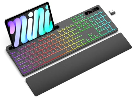 Soueto Kabellose Tastatur mit 7 Farben und 4 Modi, RGB-Hintergrundbeleuchtung, ergonomische Tastatur mit Handballenauflage, Handy-Tablet-Halterung, 2,4 G beleuchtete Computer-Tastatur mit Tastatur