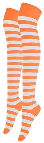 Alanna Jones Women Ladies Girls Stripe Cotton Rich Over the Knee High Socks Stripe Thigh Socks Leg Warmer for Casual Daily Wear UK Size 4-6.5 (Orange White)