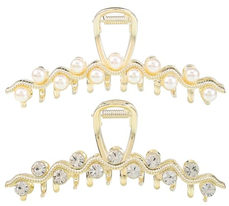 Crystal Hair Clips, Metal Imitation Pearl Hair Claw Clip for Women, Rhinestone Hair Claw Barrettes Non Slip Hair Clamp Fashion Wedding Party Accessories Elegant Jaw Clip Decorations for Lady (2 Pack)