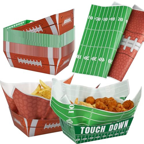 120 PCS Football Paper Food Trays Football Paper Bowls Large Football Paper Snack Tray Disposable Football Theme Serving Tray with Grease Resistant Liner Papers for Football Birthday Sport Party Decor