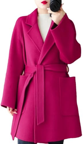 REHJJDFD Women's Double-Sided Cashmere Blend Coat Slim Casual A Line Thick Pea Jacket With Belts Pockets rose pink XL